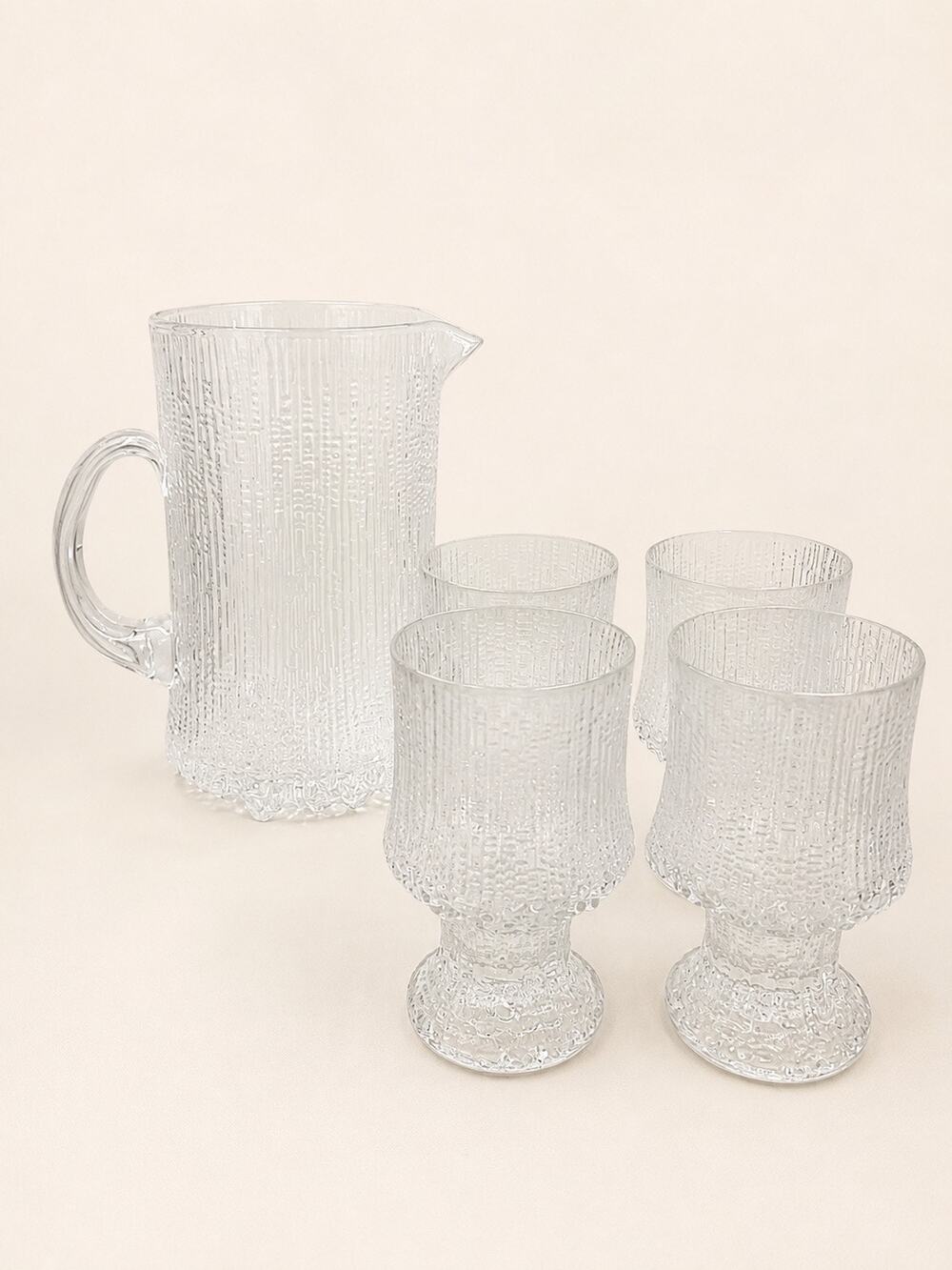 Vintage Iittala Ultima Thule Glass Pitcher & 4 Goblets Set